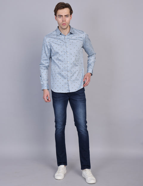 Wearhouse Men's Blue Printed Full Sleeve Regular Fit Cotton Shirt