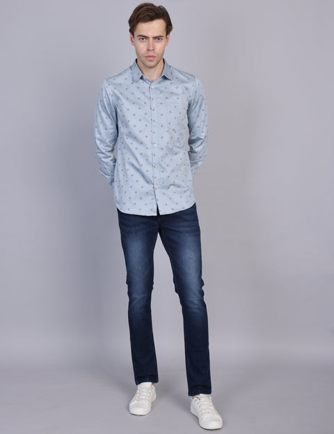 Wearhouse Men's Blue Printed Full Sleeve Regular Fit Cotton Shirt