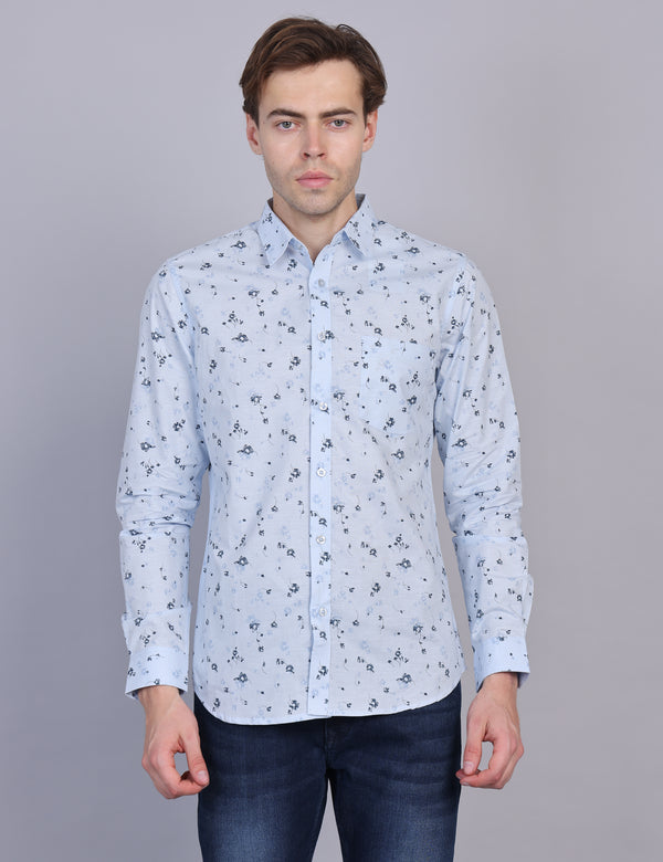 Wearhouse Men's White & Blue Print Full Sleeve Regular Fit Cotton Shirt