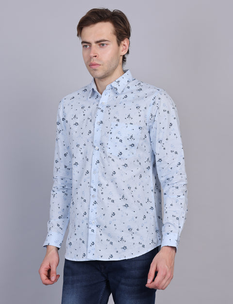 Wearhouse Men's White & Blue Print Full Sleeve Regular Fit Cotton Shirt