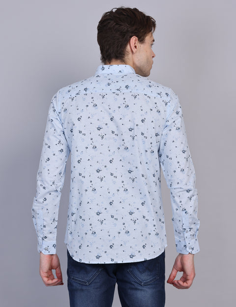 Wearhouse Men's White & Blue Print Full Sleeve Regular Fit Cotton Shirt