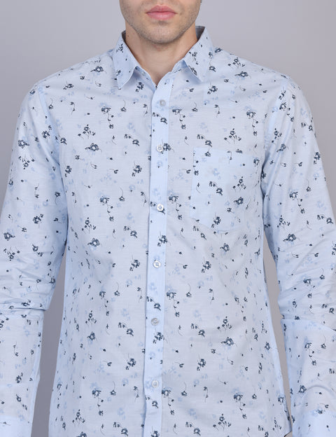 Wearhouse Men's White & Blue Print Full Sleeve Regular Fit Cotton Shirt