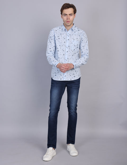 Wearhouse Men's White & Blue Print Full Sleeve Regular Fit Cotton Shirt