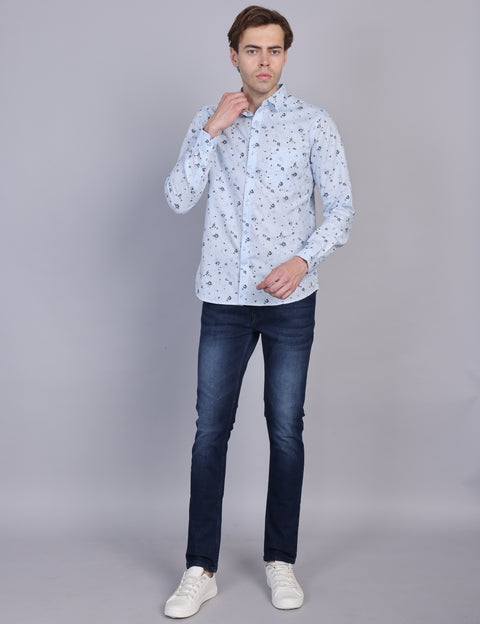 Wearhouse Men's White & Blue Print Full Sleeve Regular Fit Cotton Shirt