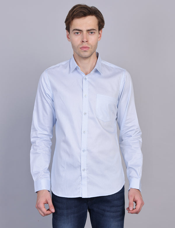Wearhouse Men's White & Blue Print Full Sleeve Regular Fit Cotton Shirt