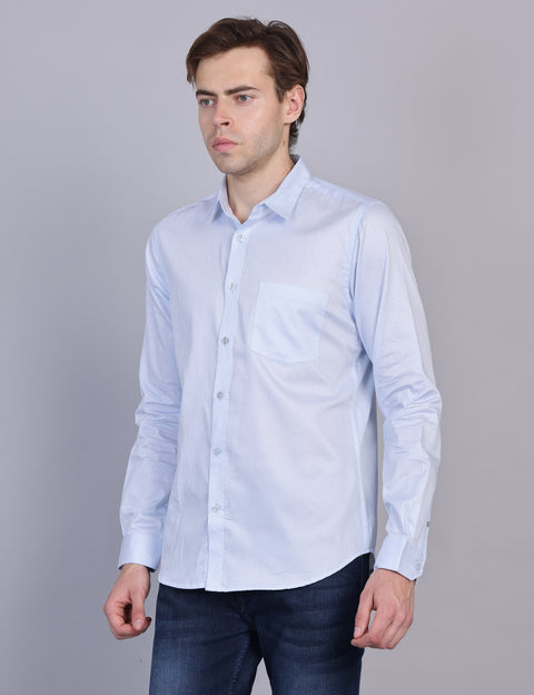 Wearhouse Men's White & Blue Print Full Sleeve Regular Fit Cotton Shirt