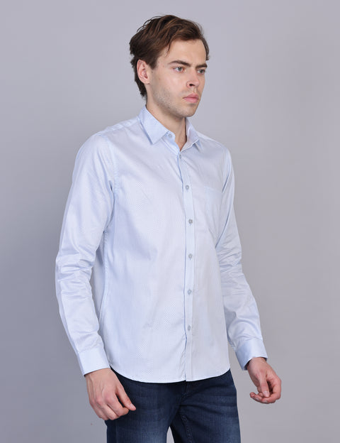 Wearhouse Men's White & Blue Print Full Sleeve Regular Fit Cotton Shirt