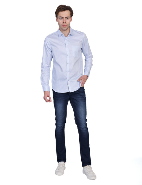 Wearhouse Men's White & Blue Print Full Sleeve Regular Fit Cotton Shirt