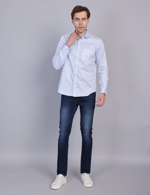 Wearhouse Men's White & Blue Print Full Sleeve Regular Fit Cotton Shirt