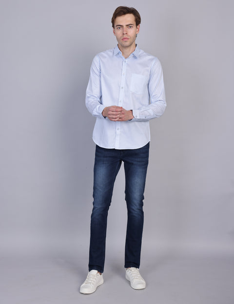 Wearhouse Men's White & Blue Print Full Sleeve Regular Fit Cotton Shirt