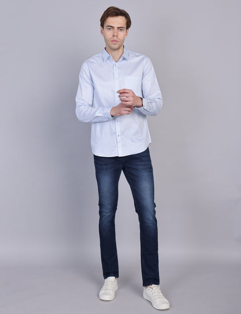 Wearhouse Men's White & Blue Print Full Sleeve Regular Fit Cotton Shirt
