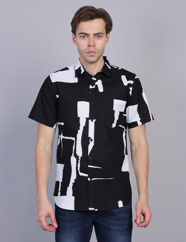 Wearhouse Men's Black & White Print Half Sleeve Regular Fit Cotton Shirt