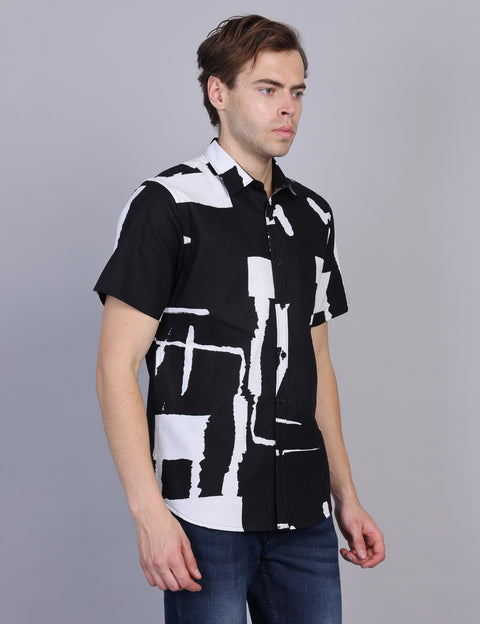 Wearhouse Men's Black & White Print Half Sleeve Regular Fit Cotton Shirt