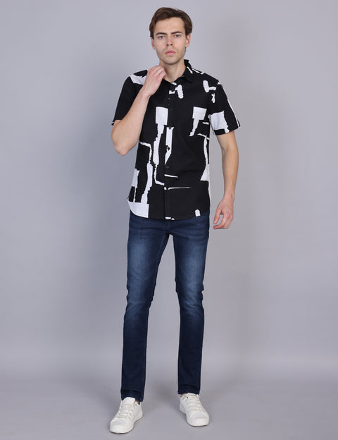 Wearhouse Men's Black & White Print Half Sleeve Regular Fit Cotton Shirt