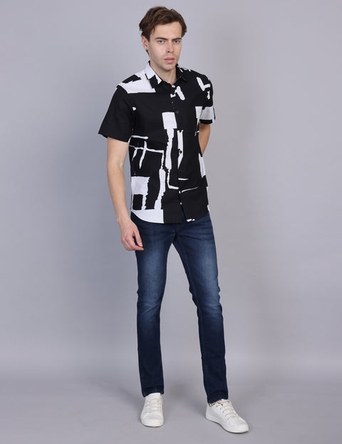 Wearhouse Men's Black & White Print Half Sleeve Regular Fit Cotton Shirt