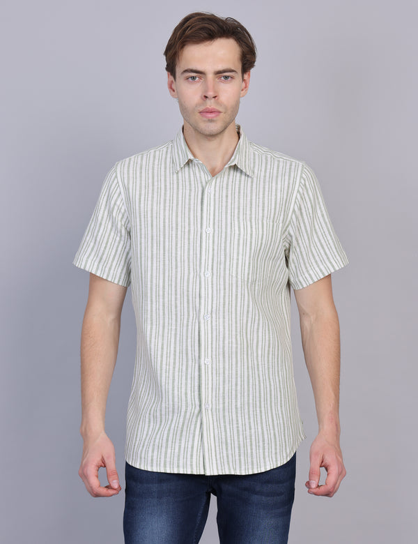 Wearhouse Men's White & Green Stripe Half Sleeve Regular Fit Cotton Shirt