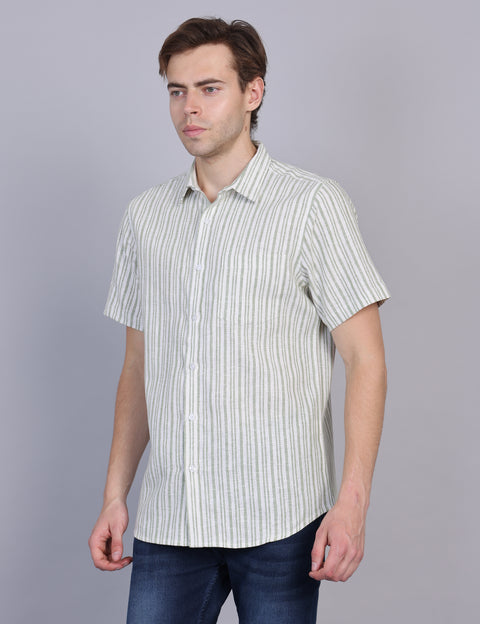 Wearhouse Men's White & Green Stripe Half Sleeve Regular Fit Cotton Shirt