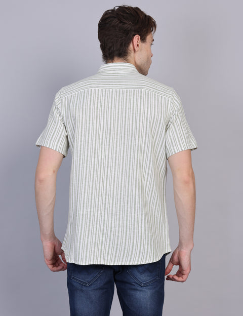 Wearhouse Men's White & Green Stripe Half Sleeve Regular Fit Cotton Shirt