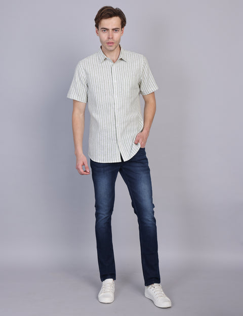 Wearhouse Men's White & Green Stripe Half Sleeve Regular Fit Cotton Shirt
