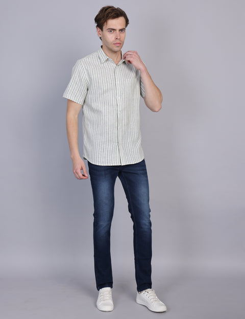 Wearhouse Men's White & Green Stripe Half Sleeve Regular Fit Cotton Shirt