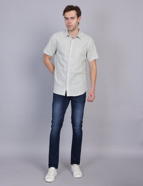 Wearhouse Men's White & Green Stripe Half Sleeve Regular Fit Cotton Shirt