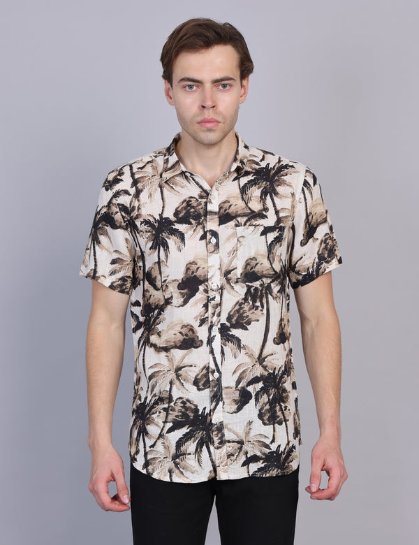Wearhouse Men's Beige & Black Print Half Sleeve Regular Fit Linen Blend Shirt