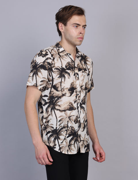 Wearhouse Men's Beige & Black Print Half Sleeve Regular Fit Linen Blend Shirt