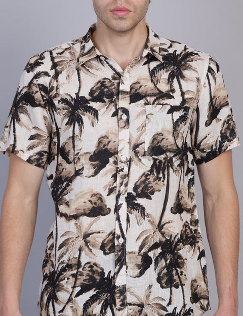 Wearhouse Men's Beige & Black Print Half Sleeve Regular Fit Linen Blend Shirt