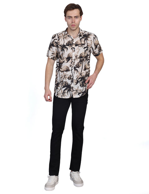Wearhouse Men's Beige & Black Print Half Sleeve Regular Fit Linen Blend Shirt