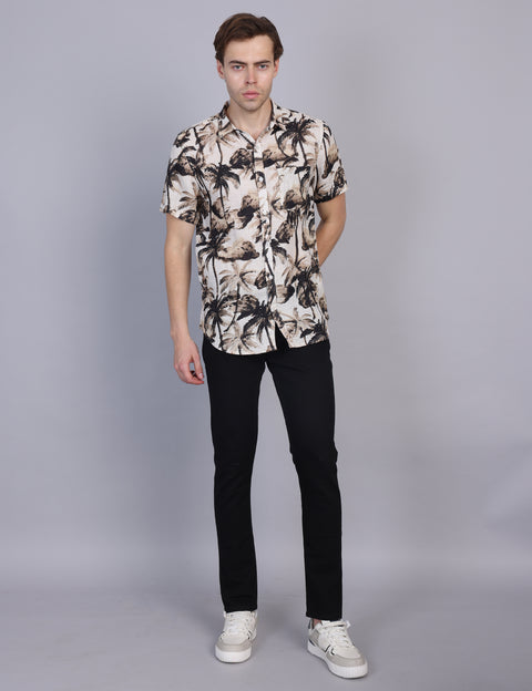 Wearhouse Men's Beige & Black Print Half Sleeve Regular Fit Linen Blend Shirt
