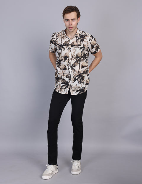 Wearhouse Men's Beige & Black Print Half Sleeve Regular Fit Linen Blend Shirt