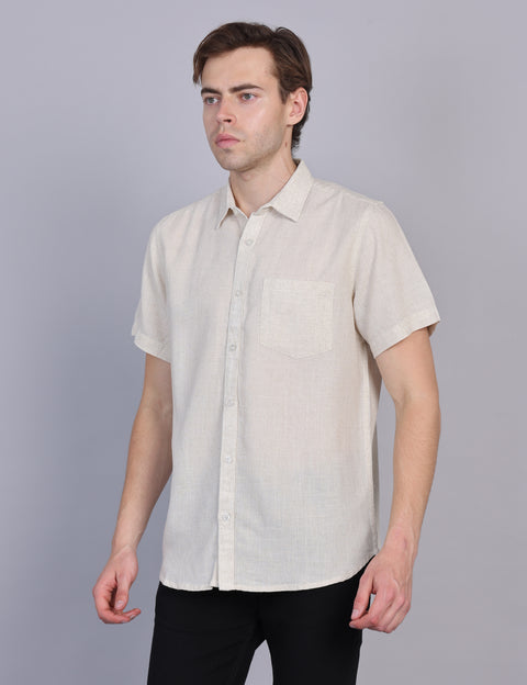 Wearhouse Men's Beige Solid Half Sleeve Regular Fit Linen Blend Shirt