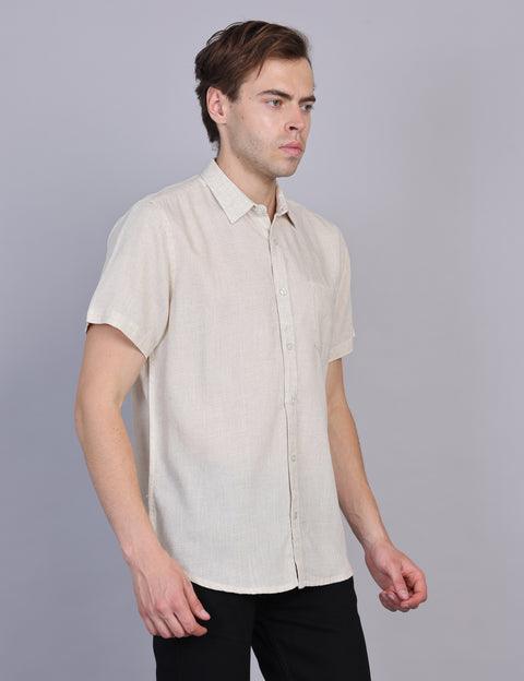 Wearhouse Men's Beige Solid Half Sleeve Regular Fit Linen Blend Shirt