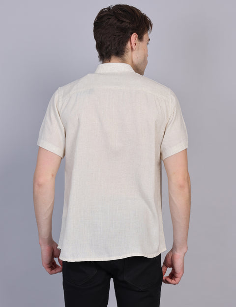 Wearhouse Men's Beige Solid Half Sleeve Regular Fit Linen Blend Shirt