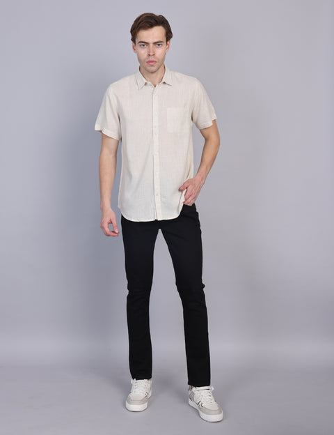 Wearhouse Men's Beige Solid Half Sleeve Regular Fit Linen Blend Shirt
