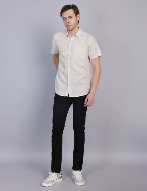 Wearhouse Men's Beige Solid Half Sleeve Regular Fit Linen Blend Shirt