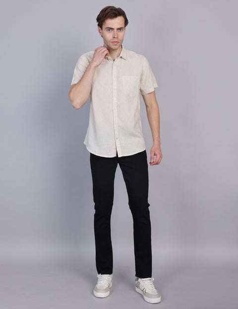 Wearhouse Men's Beige Solid Half Sleeve Regular Fit Linen Blend Shirt