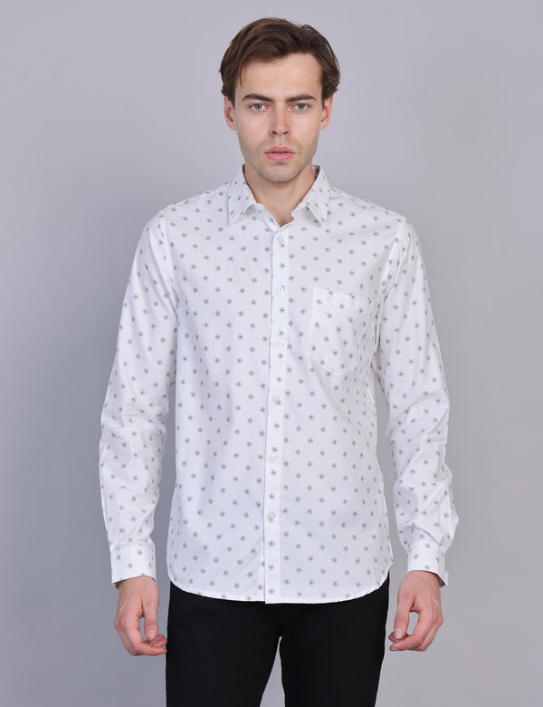 Wearhouse Men's White Printed Full Sleeve Regular Fit Cotton Shirt