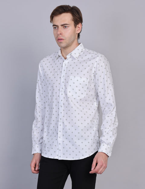 Wearhouse Men's White Printed Full Sleeve Regular Fit Cotton Shirt