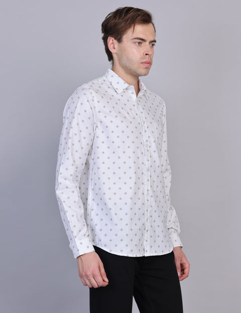 Wearhouse Men's White Printed Full Sleeve Regular Fit Cotton Shirt