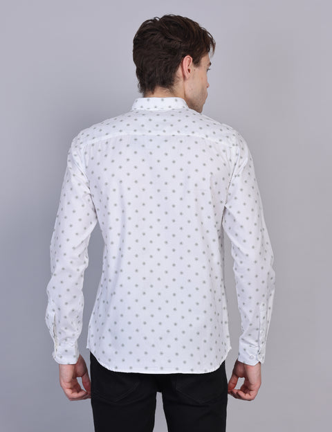 Wearhouse Men's White Printed Full Sleeve Regular Fit Cotton Shirt