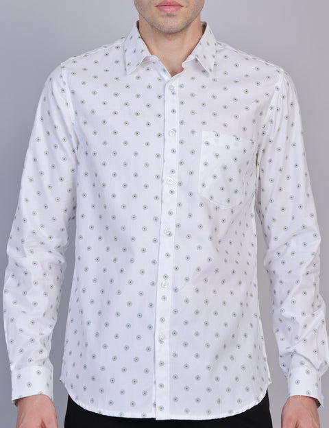 Wearhouse Men's White Printed Full Sleeve Regular Fit Cotton Shirt