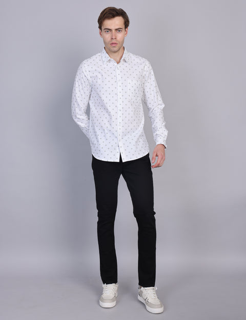 Wearhouse Men's White Printed Full Sleeve Regular Fit Cotton Shirt