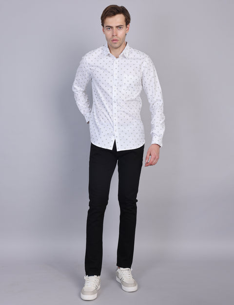 Wearhouse Men's White Printed Full Sleeve Regular Fit Cotton Shirt