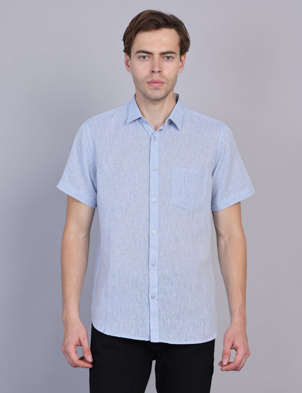 Wearhouse Men's Blue Solid Half Sleeve Regular Fit Linen Blend Shirt
