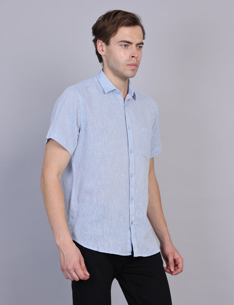 Wearhouse Men's Blue Solid Half Sleeve Regular Fit Linen Blend Shirt