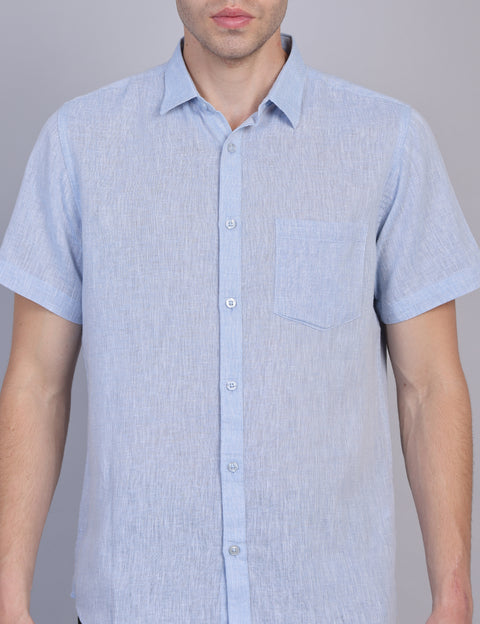 Wearhouse Men's Blue Solid Half Sleeve Regular Fit Linen Blend Shirt