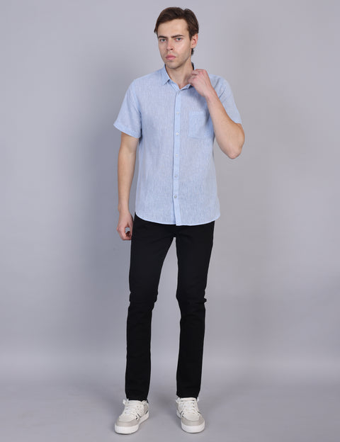 Wearhouse Men's Blue Solid Half Sleeve Regular Fit Linen Blend Shirt