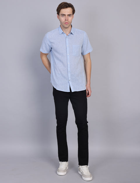 Wearhouse Men's Blue Solid Half Sleeve Regular Fit Linen Blend Shirt
