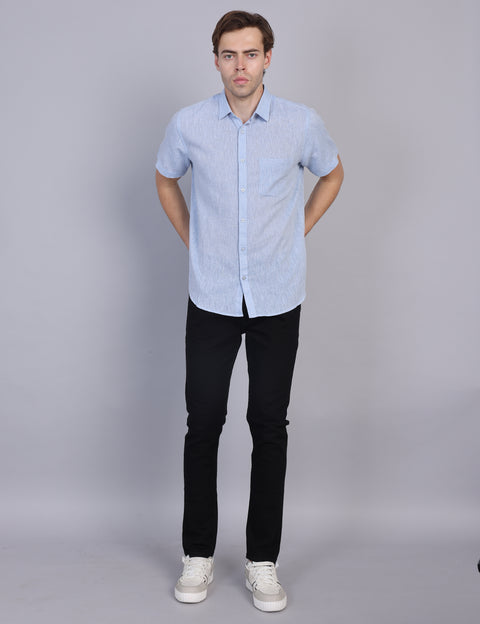Wearhouse Men's Blue Solid Half Sleeve Regular Fit Linen Blend Shirt